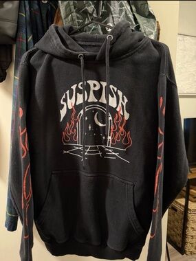 Bailey Sarian Suspish Black Hoodie with Red Flame Accents